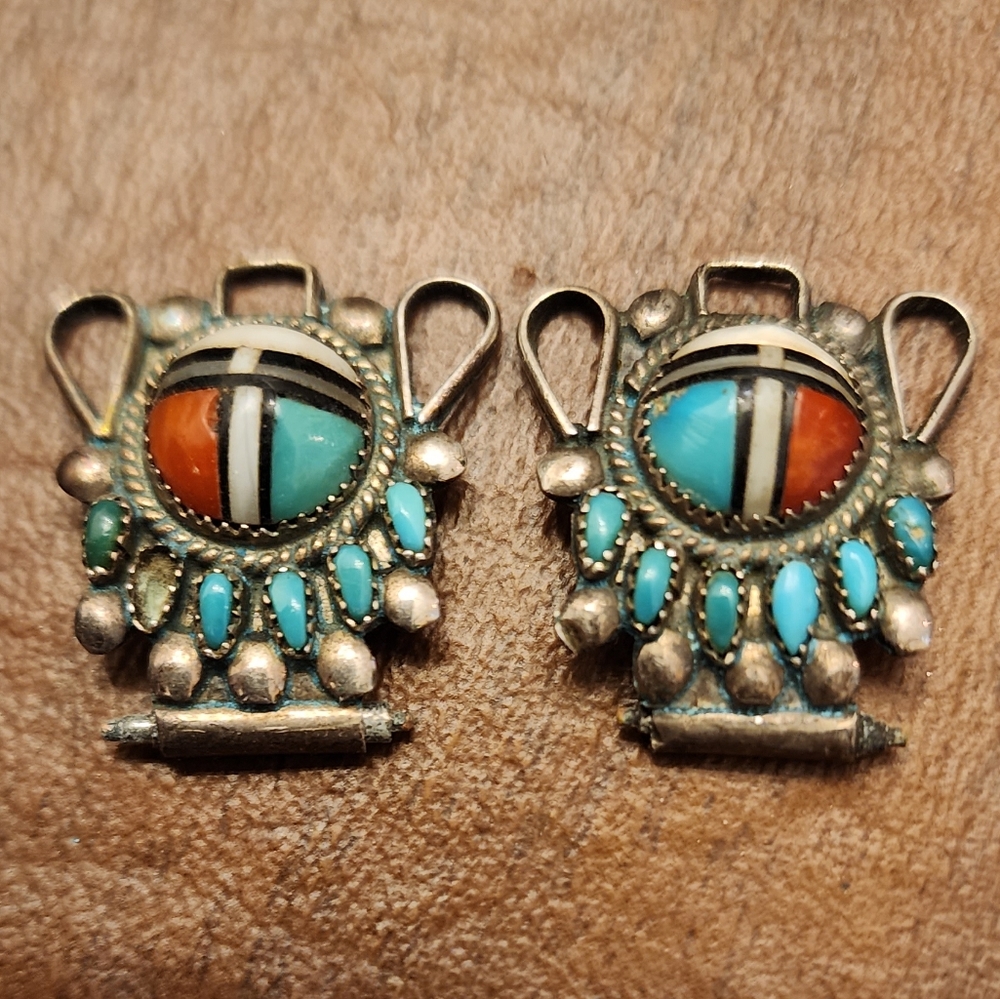 Vintage BHI Zuni Watch Tips Turquoise Coral Sterling Multicolored